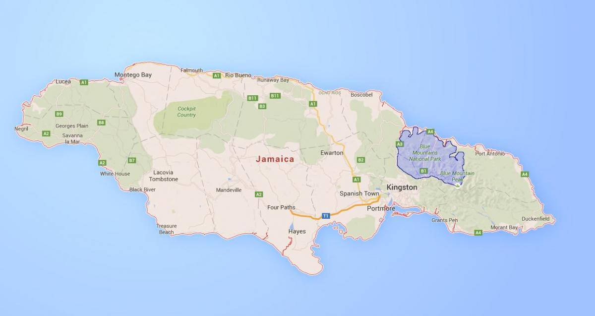 Mappa di blue mountains, giamaica