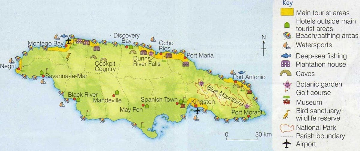 Mappa della giamaica che mostra zone di villeggiatura