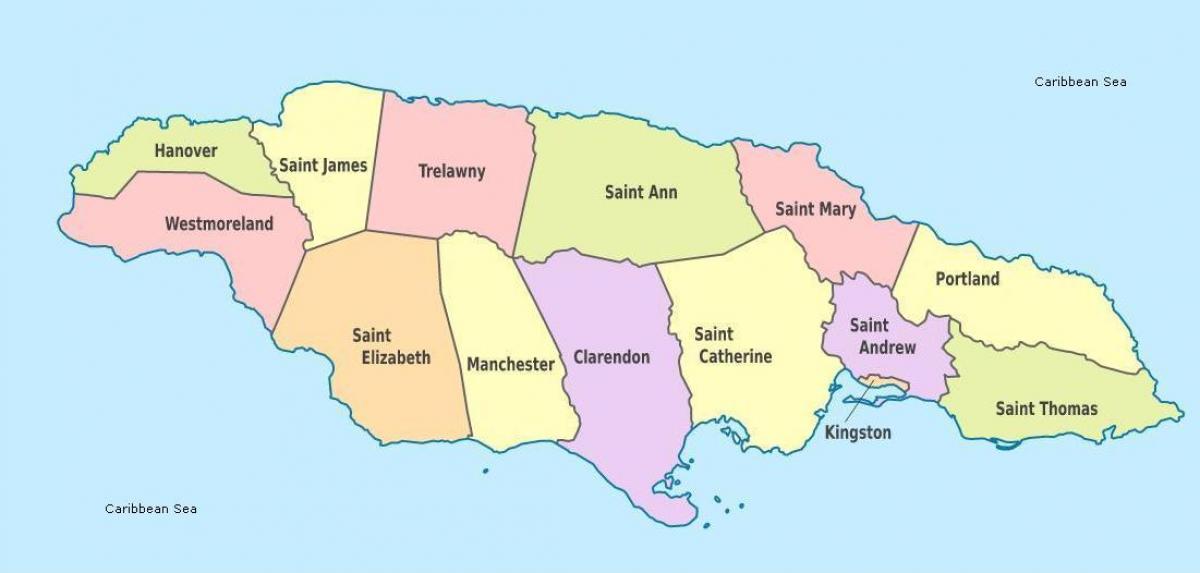 una mappa della giamaica con le parrocchie e capitelli