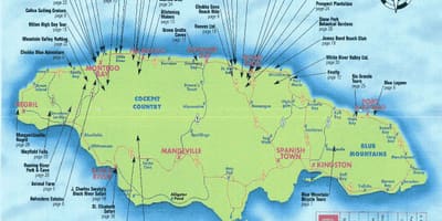 Mappa della giamaica che mostra le attrazioni turistiche