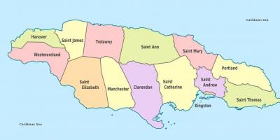 Una mappa della giamaica con le parrocchie e capitelli