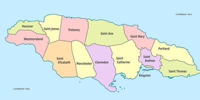 Mappa della giamaica west indies con le parrocchie
